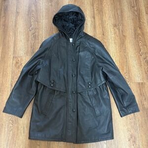 Y2K Middlebrook Park Mens L Black Genuine Leather Hooded Parka Jacket Coat biker